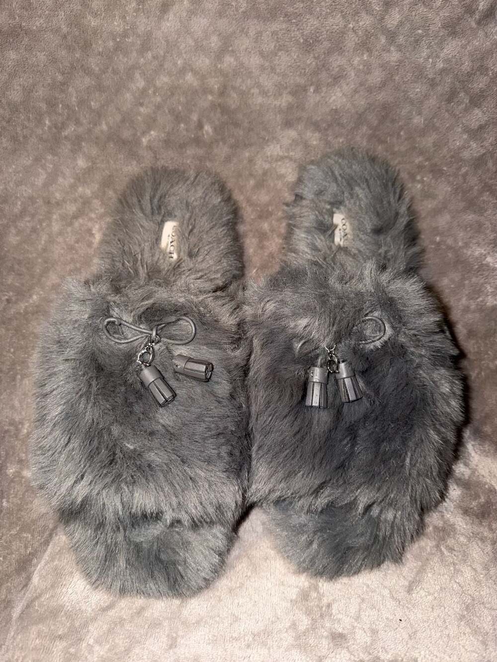 Coach Grey Faux Fur Slippers with Tassels and Bow Detail